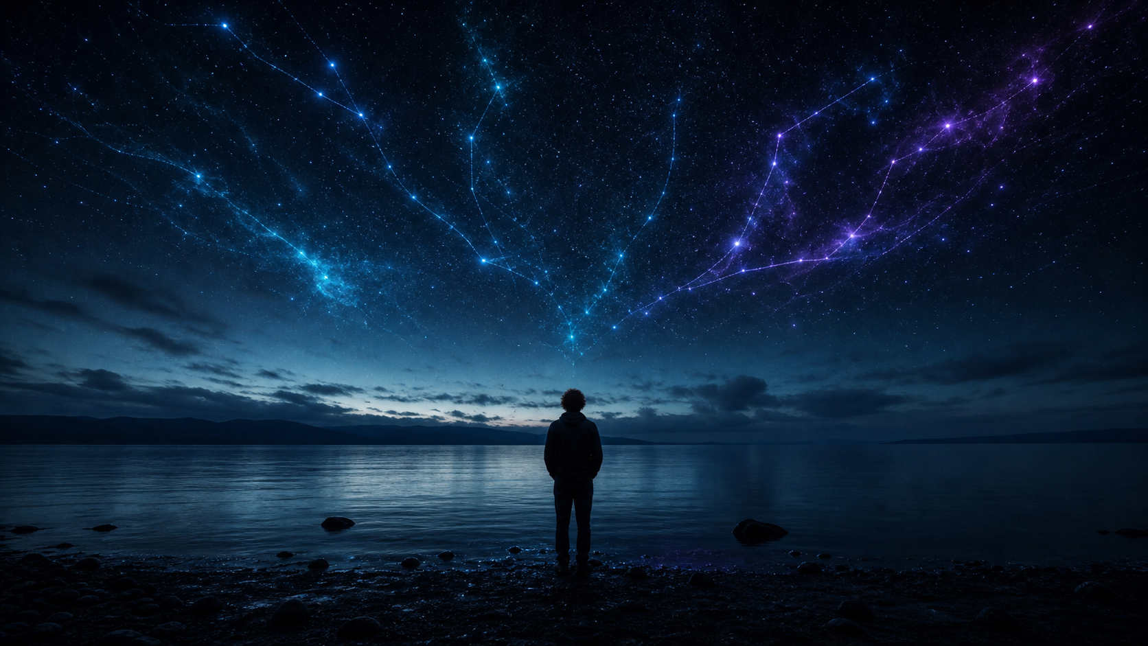 A person stands at a quiet shoreline beneath teal and violet constellations that branch across a dark night sky.