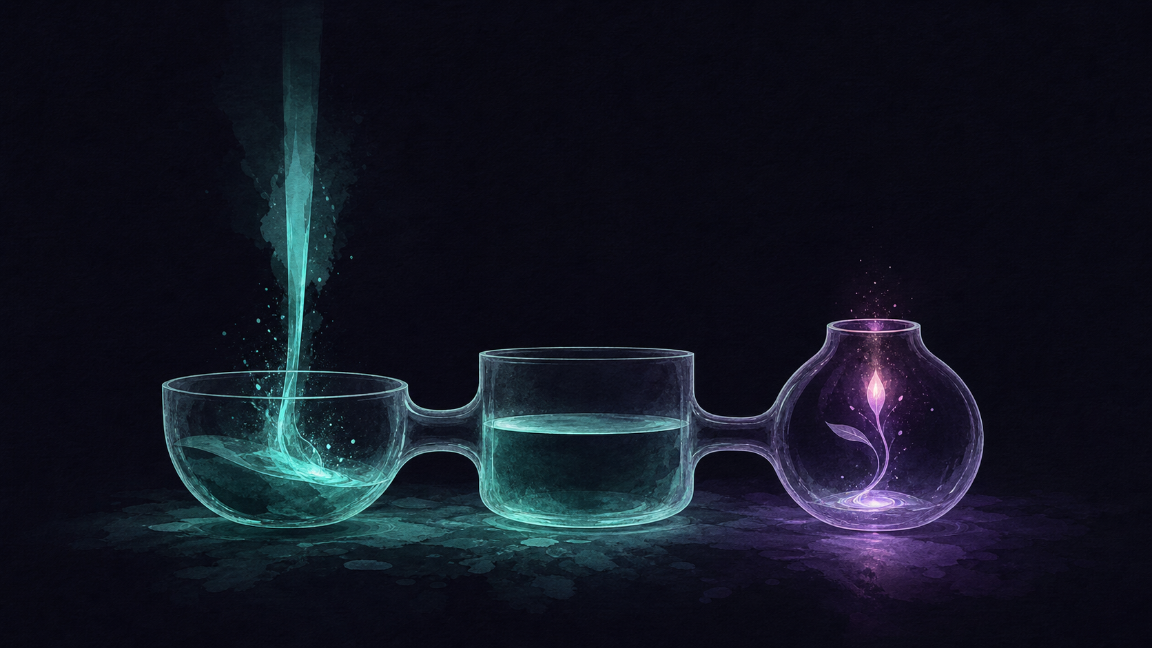 Three linked translucent vessels on deep ink: teal enters the first, a calm reserve fills the second, and a violet light grows in the third.