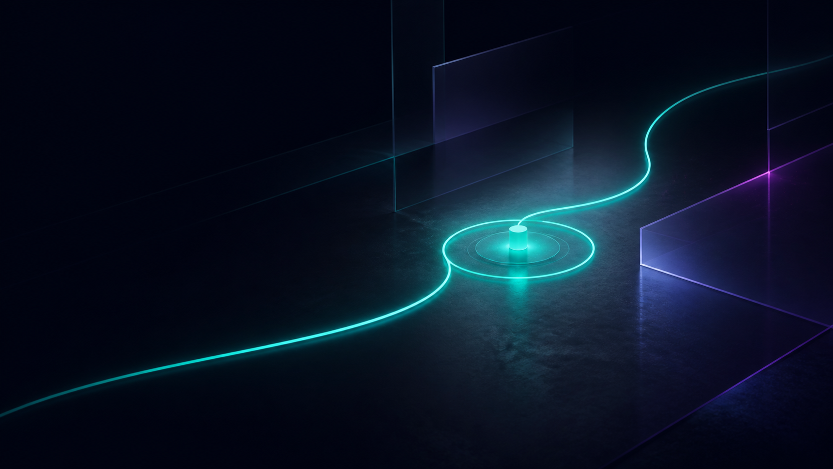 A luminous teal circular checkpoint in a dark abstract space. A thin teal path curves through it toward a distant violet glow.