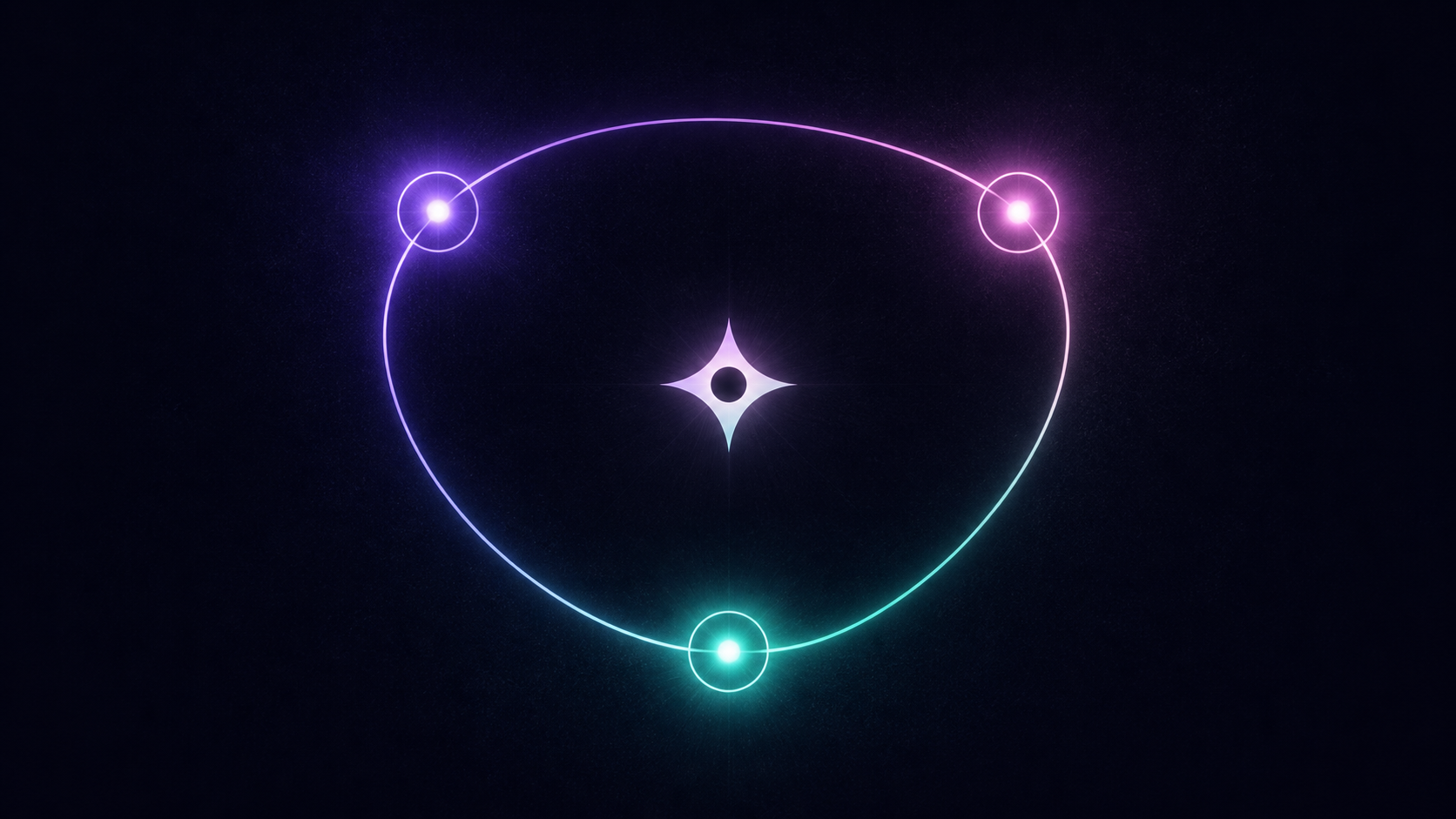 A thin luminous orbit connects three circular checkpoints in violet, teal, and magenta on a deep ink background. A small abstract star-eye glows at the centre of the loop.