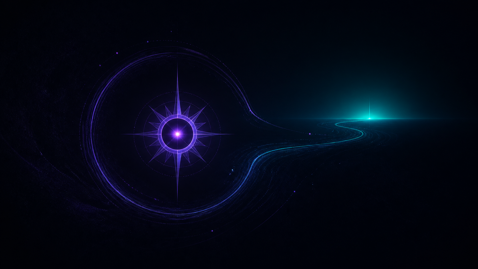 A luminous violet compass-like star-eye on a deep ink background opens from a circular orbit into one calm teal path toward a distant light.